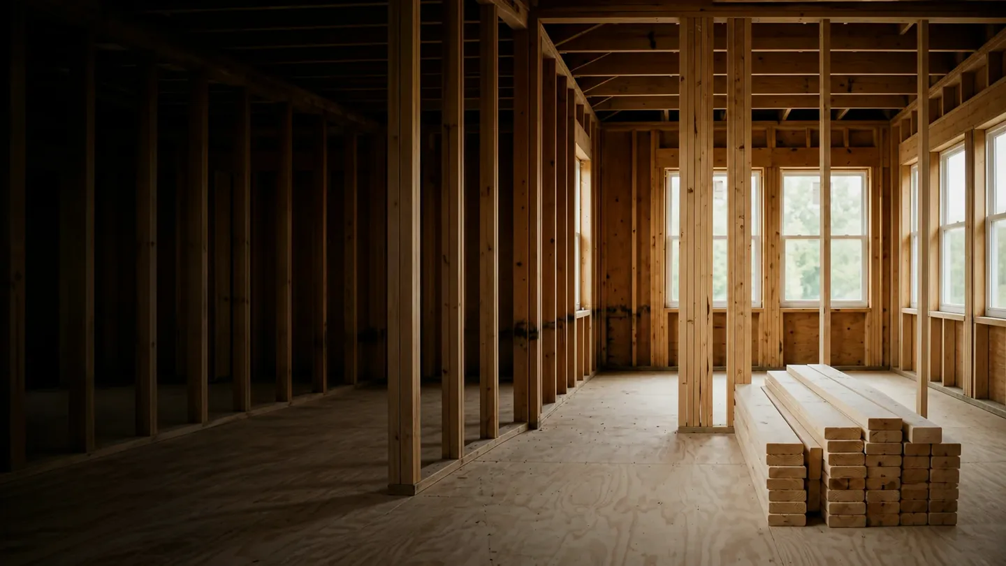 Timber wall framing and stacked lumber inside a property under repair