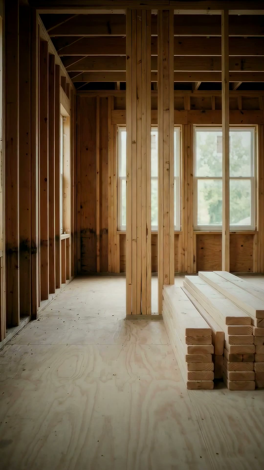 Timber wall framing and stacked lumber inside a home under repair