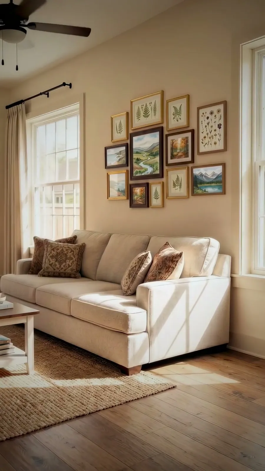 A bright finished living room with wood flooring and repaired interior surfaces