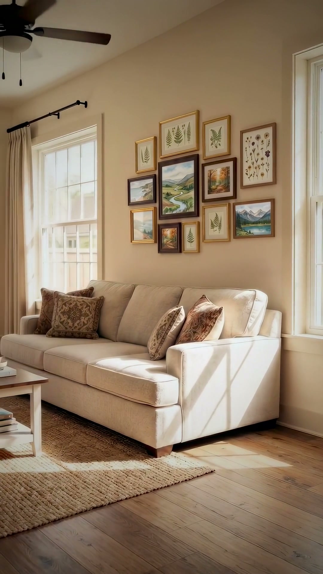 Bright furnished living room with finished walls and wood flooring