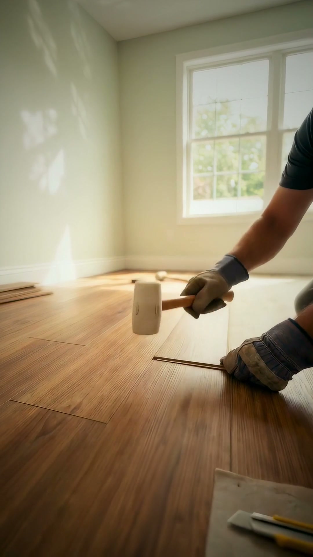 Flooring being fitted inside a bright room