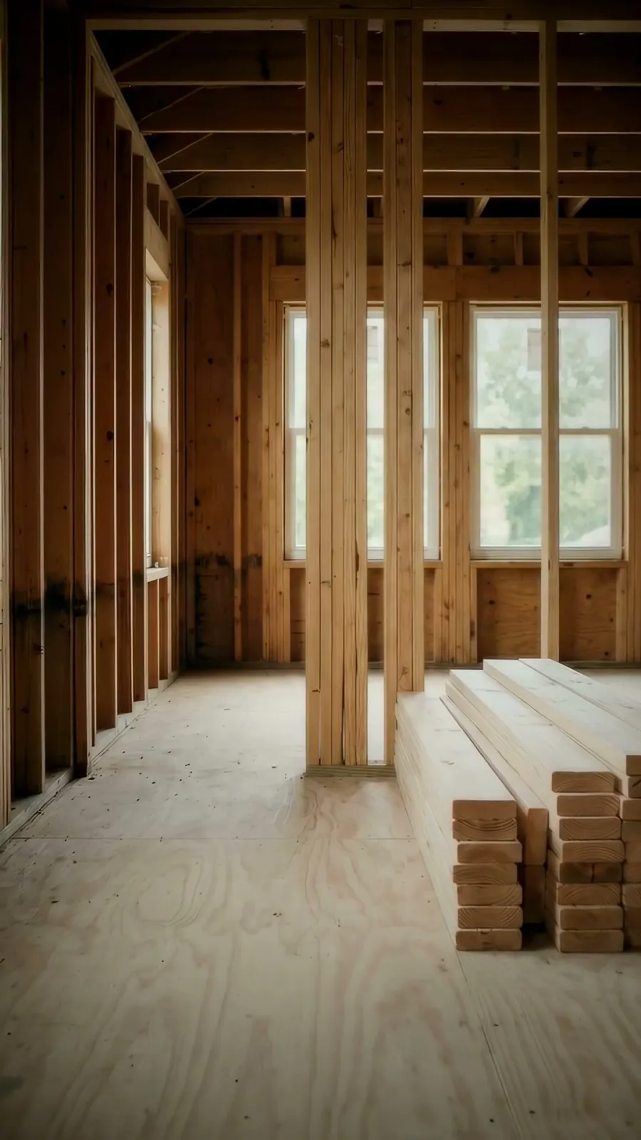 Exposed timber wall framing and stacked lumber inside a rebuilding project