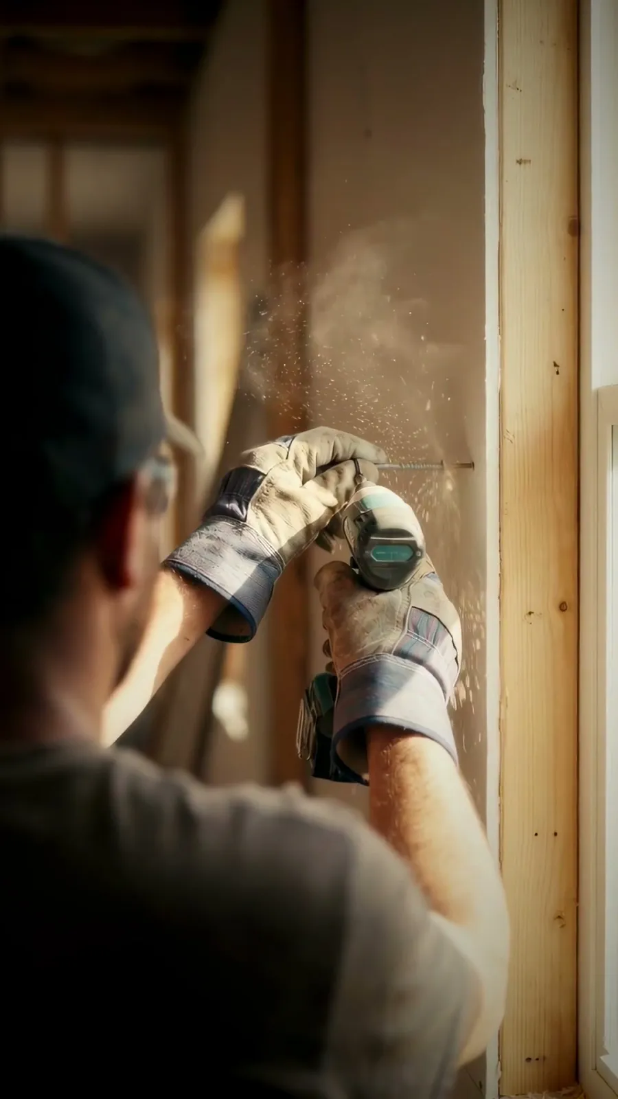 A worker drilling into timber framing beside a window opening